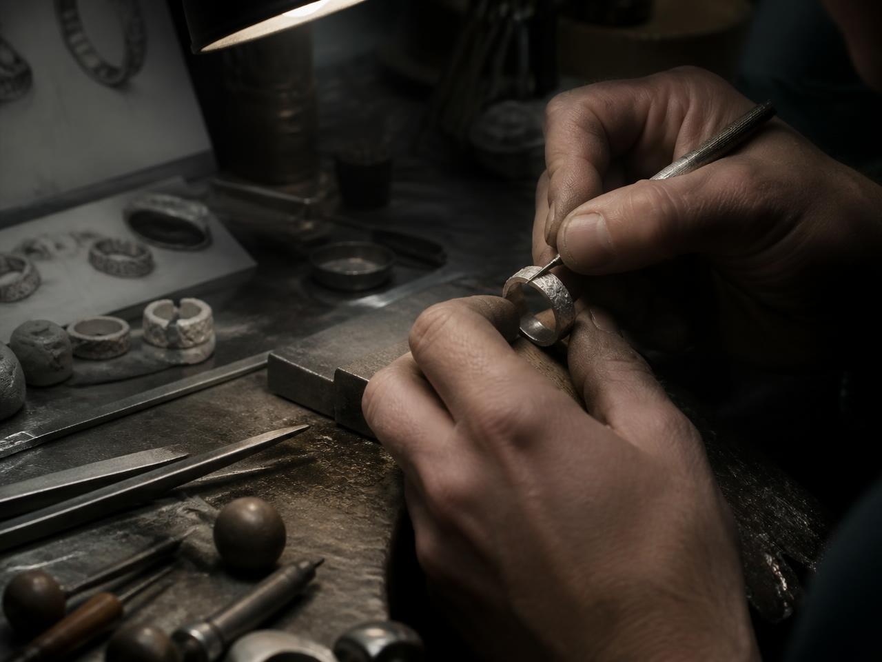 Joaillier gravant une bague en argent à l'atelier Brigands